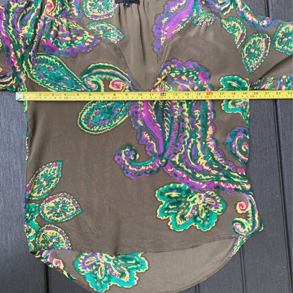 Glam Womens Blouse Brown Purple Paisley 3/4 Sleeve Notch Neck High Low Silk S - Picture 6 of 6